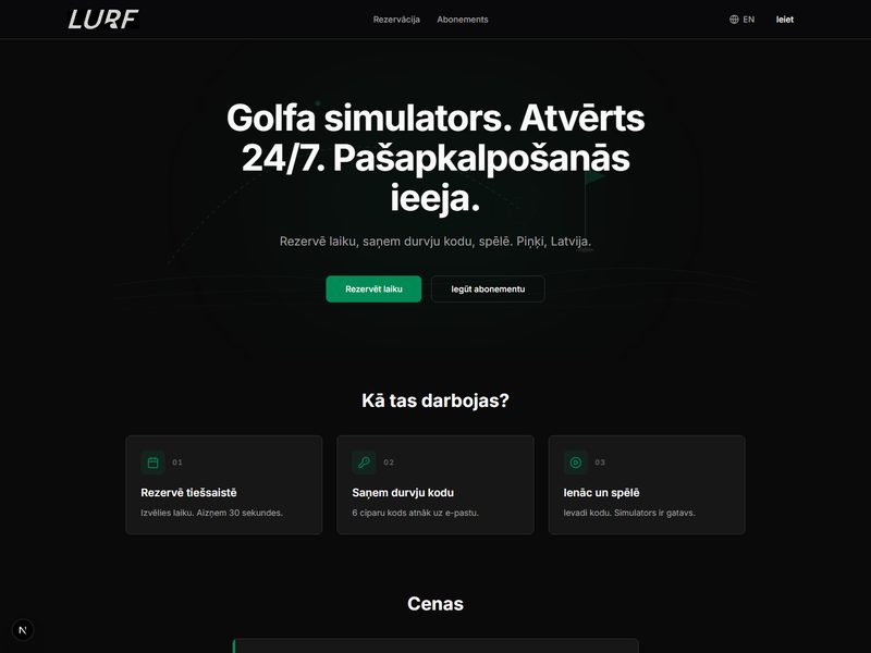 Lurfclub golfa simulatora mājaslapa ar 24/7 pašapkalpošanās rezervācijas un durvju koda procesu.